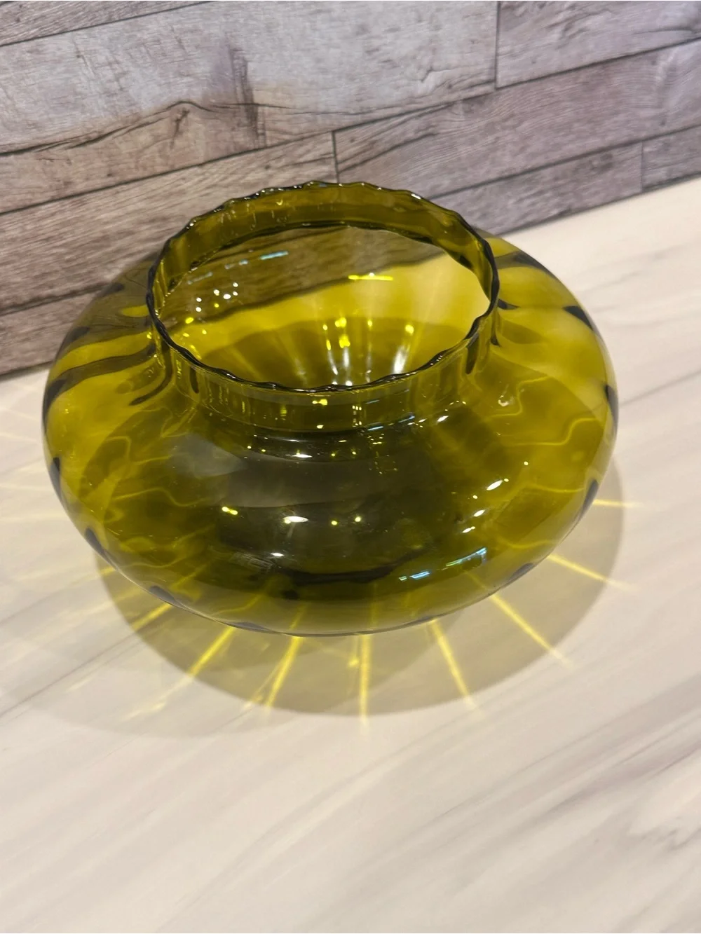 Vintage Pilgrim Glass Olive Green Optic Rose Bowl Vase Mid Century MCM Fish Bowl
